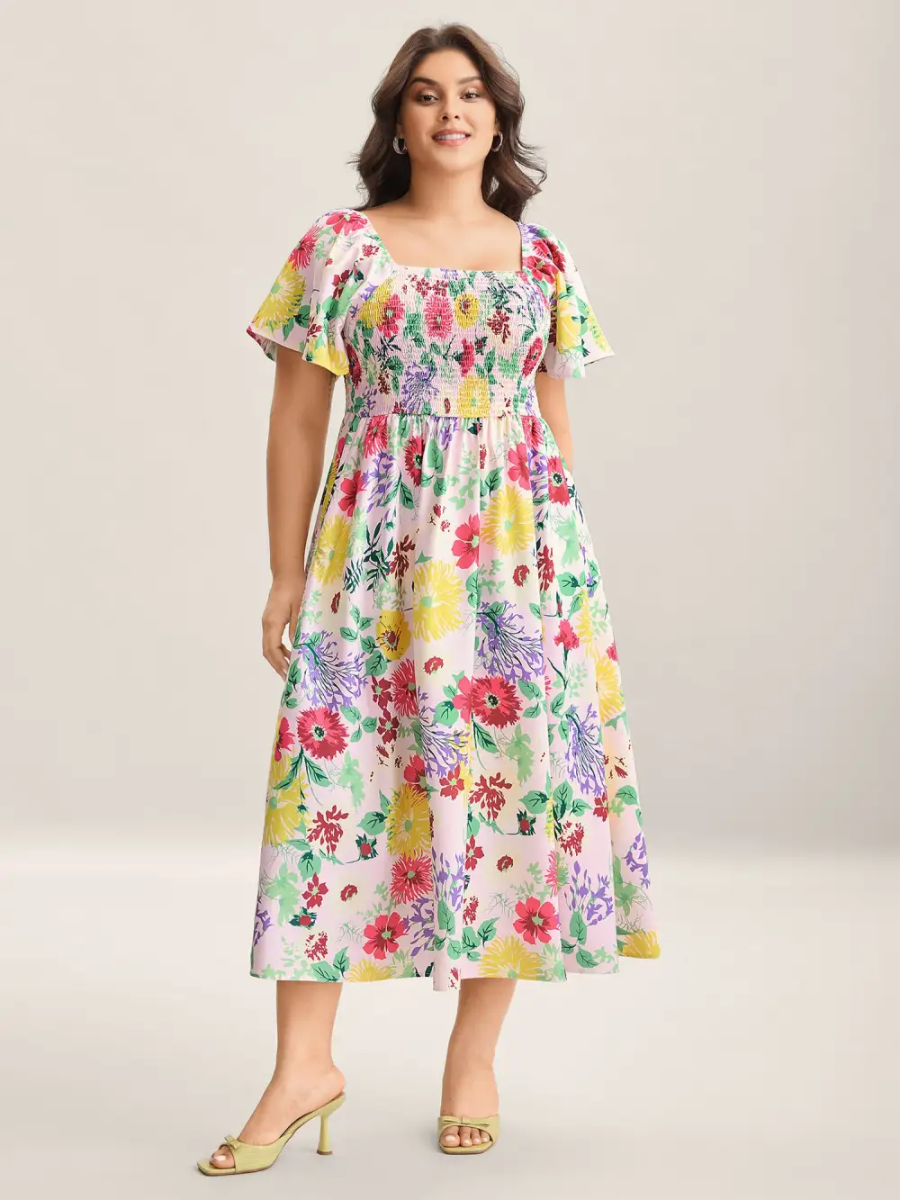 Floral Shirred Square Neck Pocket Midi Dress