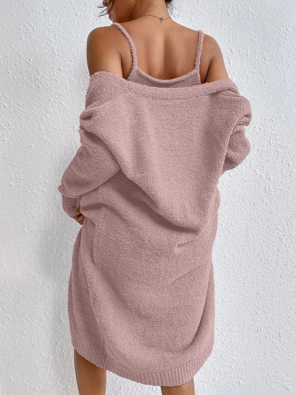 Solid Cami Sweater Dress & Drop Shoulder Cardigan