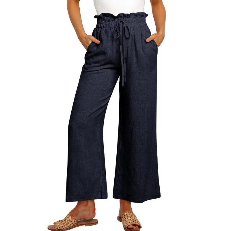 Women's Linen Wide Leg Pants – High Waist Drawstring Trousers with Pockets
