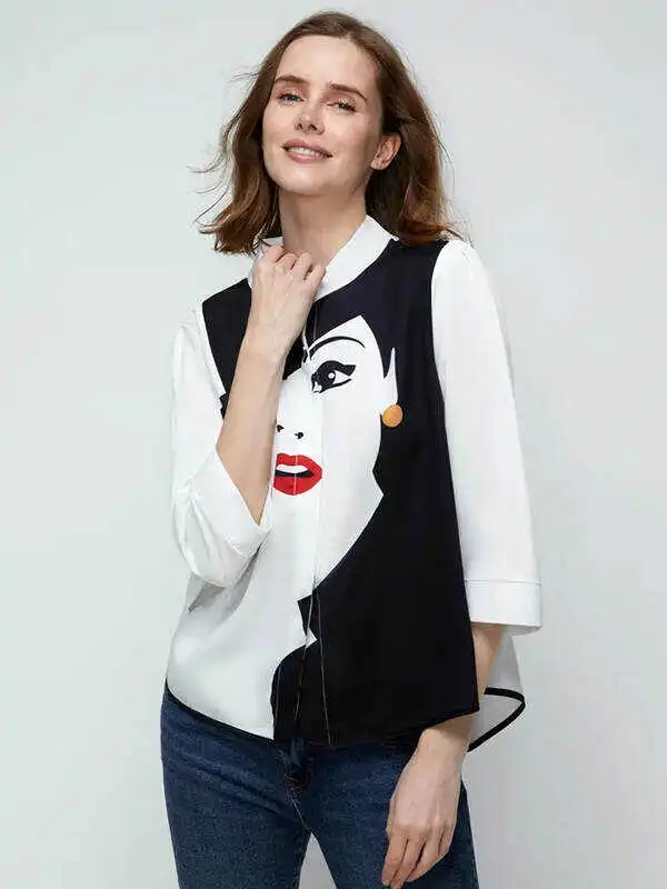 Casual Three-Quarter Sleeves Figure Buttoned Printed Stand Collar Blouses&Shirts Tops