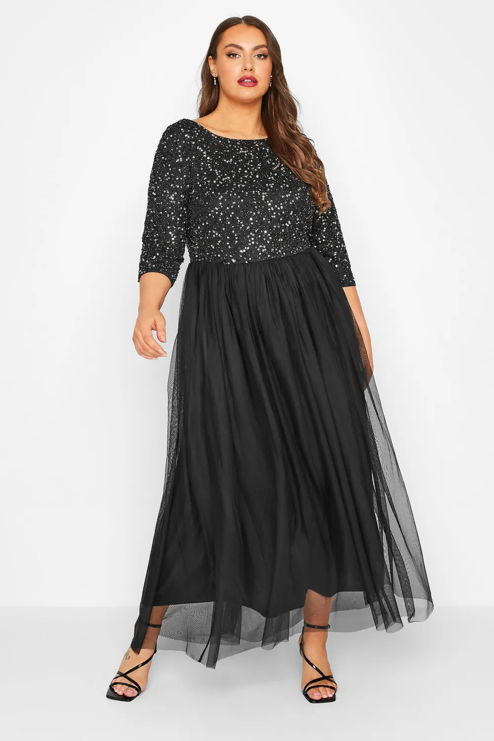 LUXE Curve Navy Blue Sequin Hand Embellished Maxi Dress