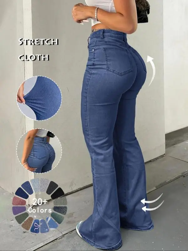 Women's High Waist Flare Jeans – Casual Button Fly Bell Bottom Denim Trousers