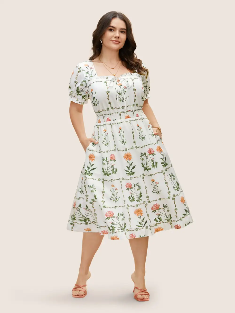 Boho Print Tie Knot Shirred Lantern Sleeve Dress