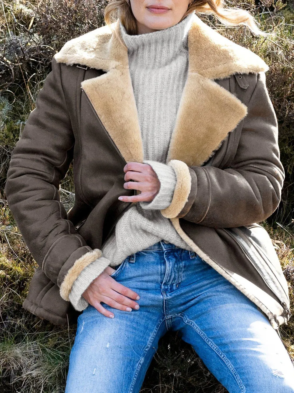 Boyfriend Aviator Sheepskin Jacket, Antique/Camel