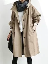 Women's Trench Coat Comfortable Breathable Buttons Casual Solid Color Vacation Street Casual Daily Wear Single Breasted Long Hooded Regular Fit Long Sleeve Outerwear Light Blue Red Khaki Spring Fall