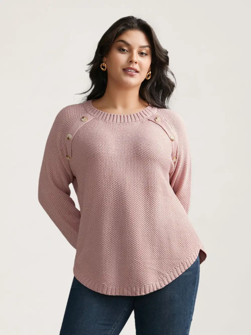 Plain Textured Button Detail Curved Hem Pullover