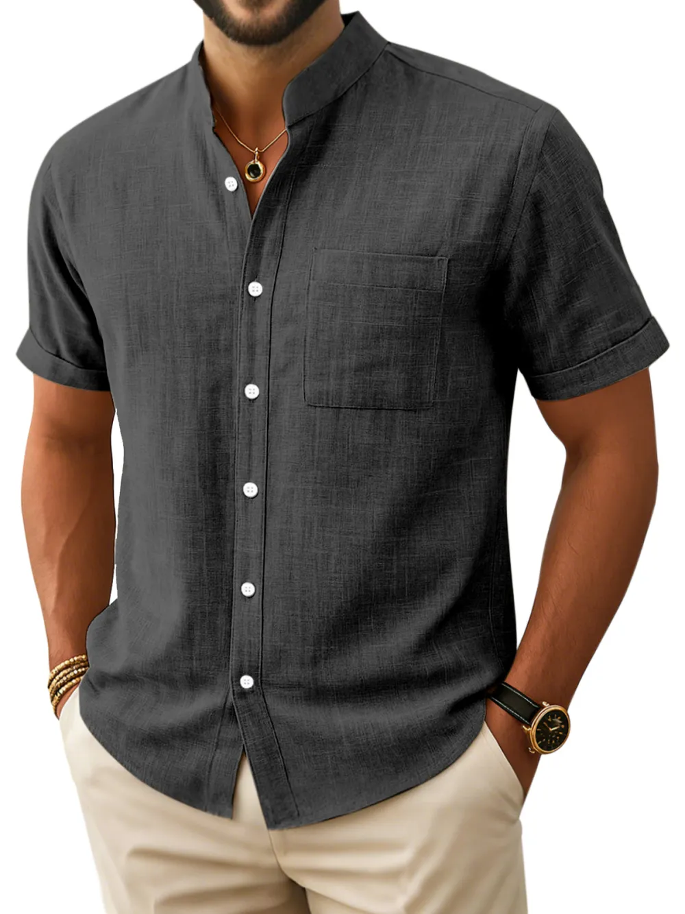 Men's Retro Simple Comfortable Stand Collar Button-down Short Sleeve Shirt