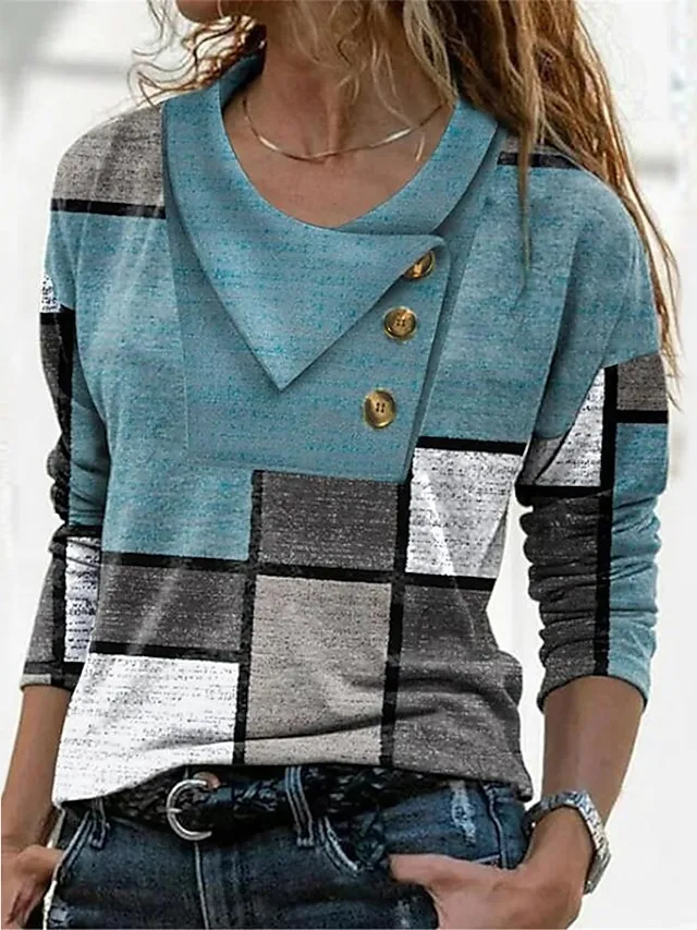 Women's T shirt Tee Red Navy Blue Blue Geometric Abstract Button Print Long Sleeve Casual Weekend Daily Basic Pile Neck V Neck Regular Fit Geometric Painting Fall & Winter