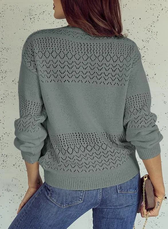 Womens Sweaters Casual Long Sleeve V Neck Lightweight Crochet Pullover Sweater Tops