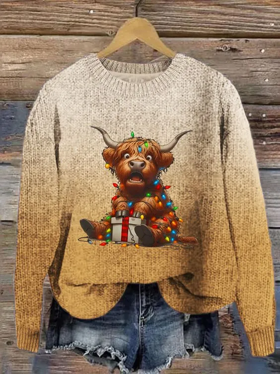 Women's Cute Highland Cow Print Knitted Crew Neck Sweater
