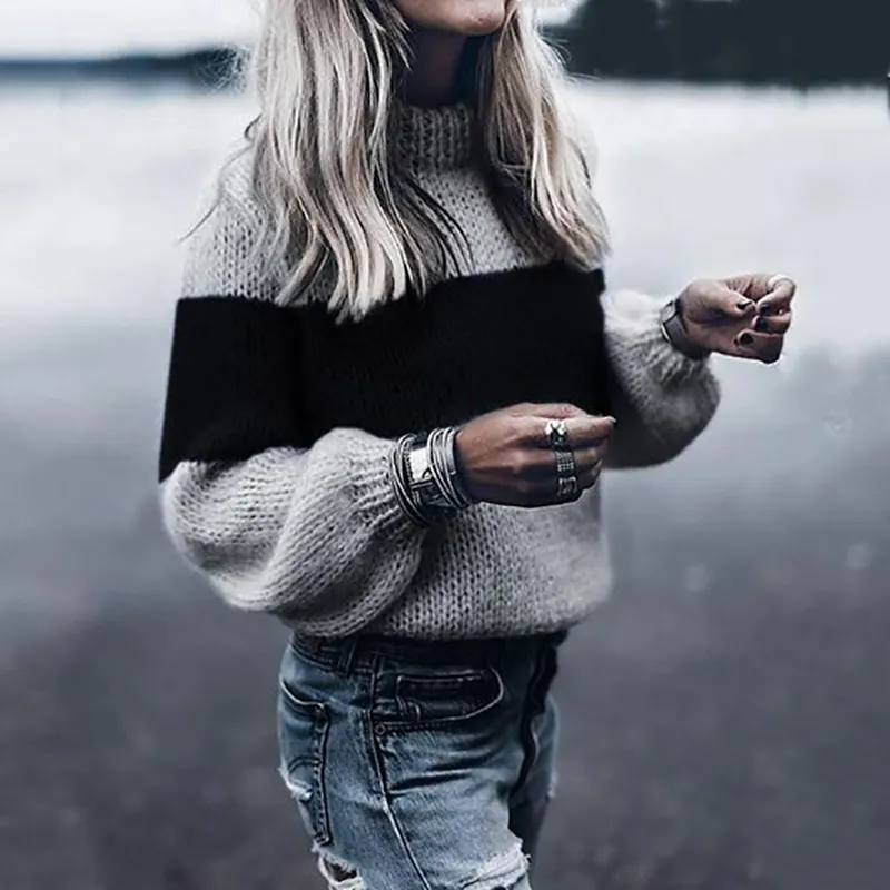 Striped Colorblock Mohair Crew Neck Sweater