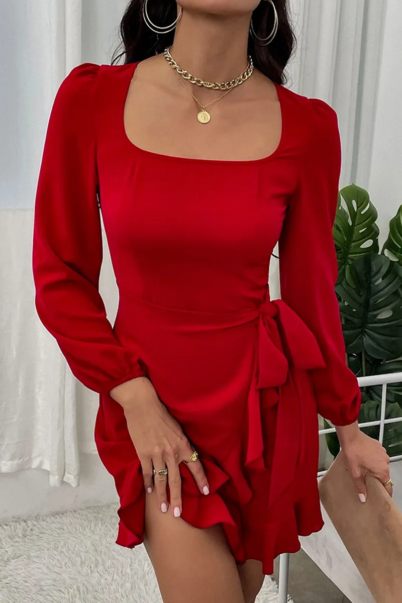 Fashion Solid Flounce Square Collar Cake Skirt Dresses