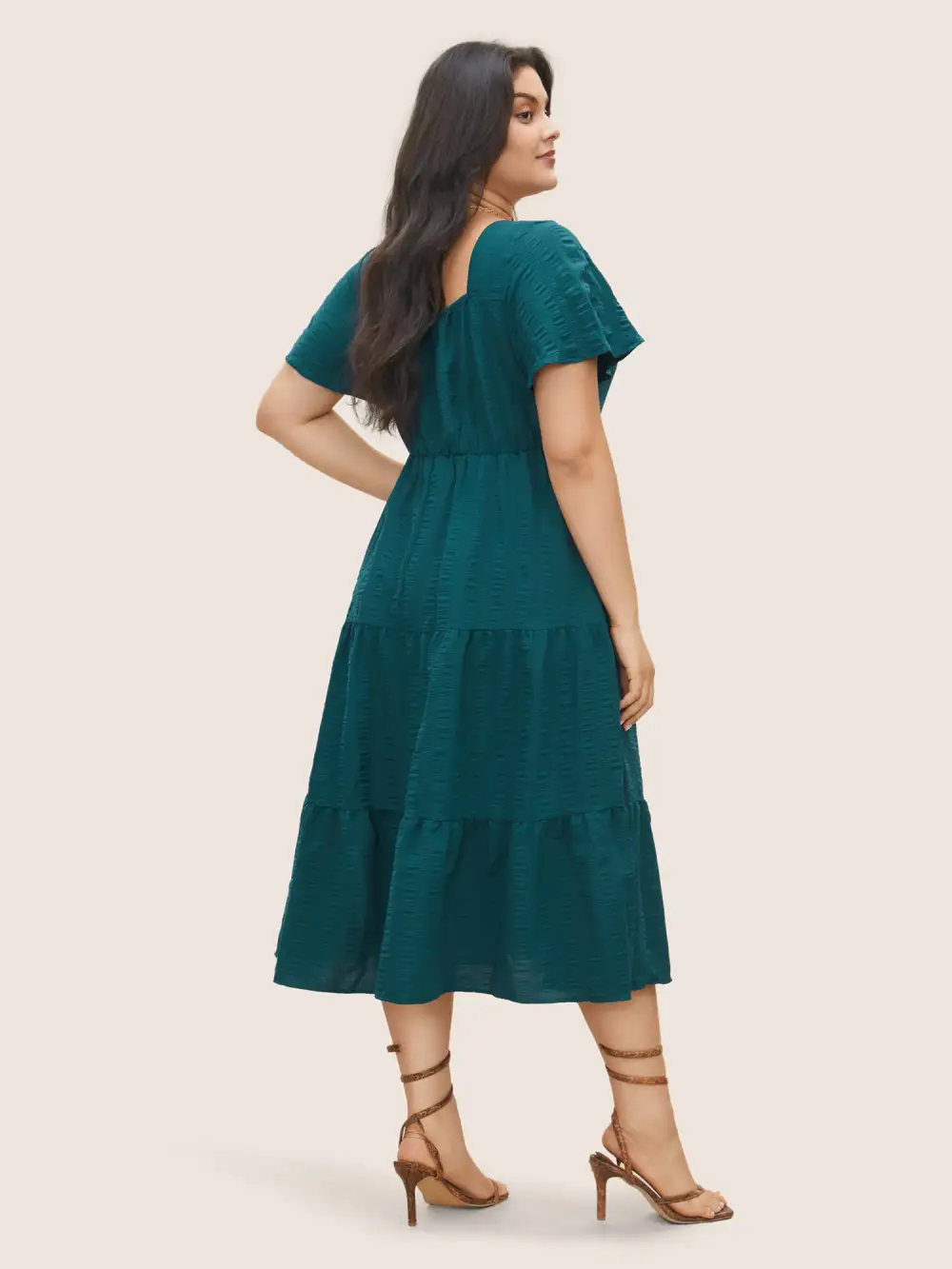 Plain Ruched Drawstring Pocket Ruffle Tiered Dress