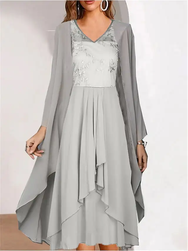 Women's Two Piece Dress Set Party Dress Dress Set Party Outdoor Fashion Elegant Patchwork Layered Midi Dress V Neck Long Sleeve Plain Regular Fit Gray Summer Spring S M L XL XXL
