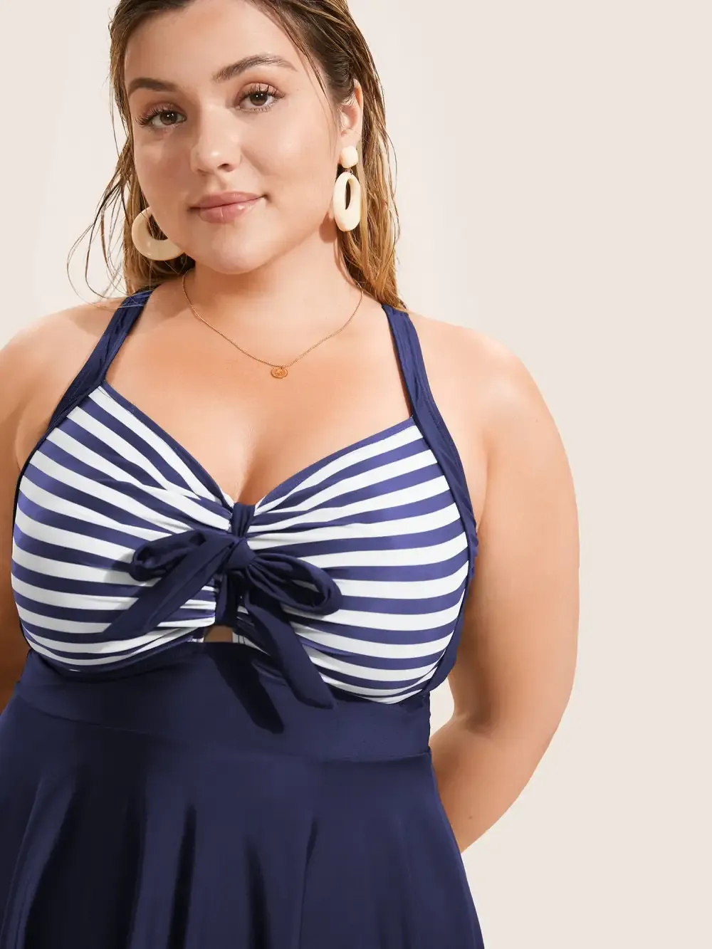 Stripes Patchwork Tie Knot Cross Straps Swim Dress