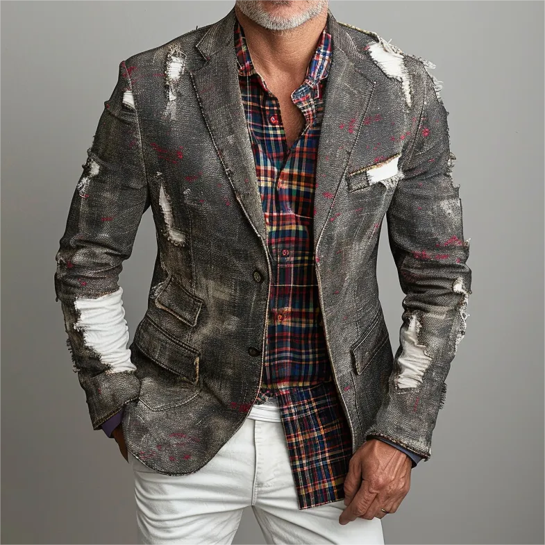 Men's Ripped Denim Splash-ink Notched Lapel Two Button Blazer
