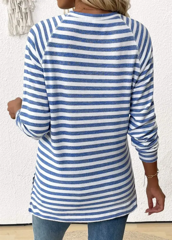 Light Blue Striped Long Sleeve Round Neck T Shirt