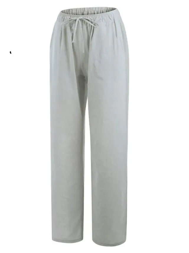 Women's Basic Essential Classic Culottes Wide Leg Chinos Drawstring Pants Casual Inelastic Solid Colored Faux Linen Lightweight Mid Waist Loose Black Blue Gray Dusty Blue S M L XL XXL