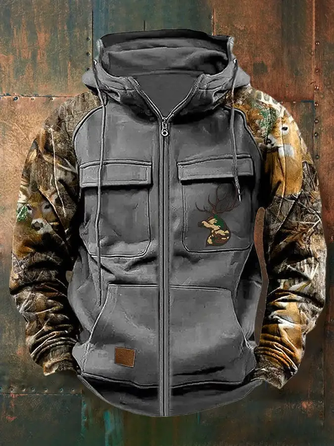 Men's Vintage Western Deer Print Multi-Pocket Jacket