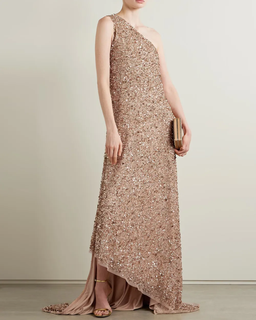 One-shoulder asymmetric embellished tulle gown