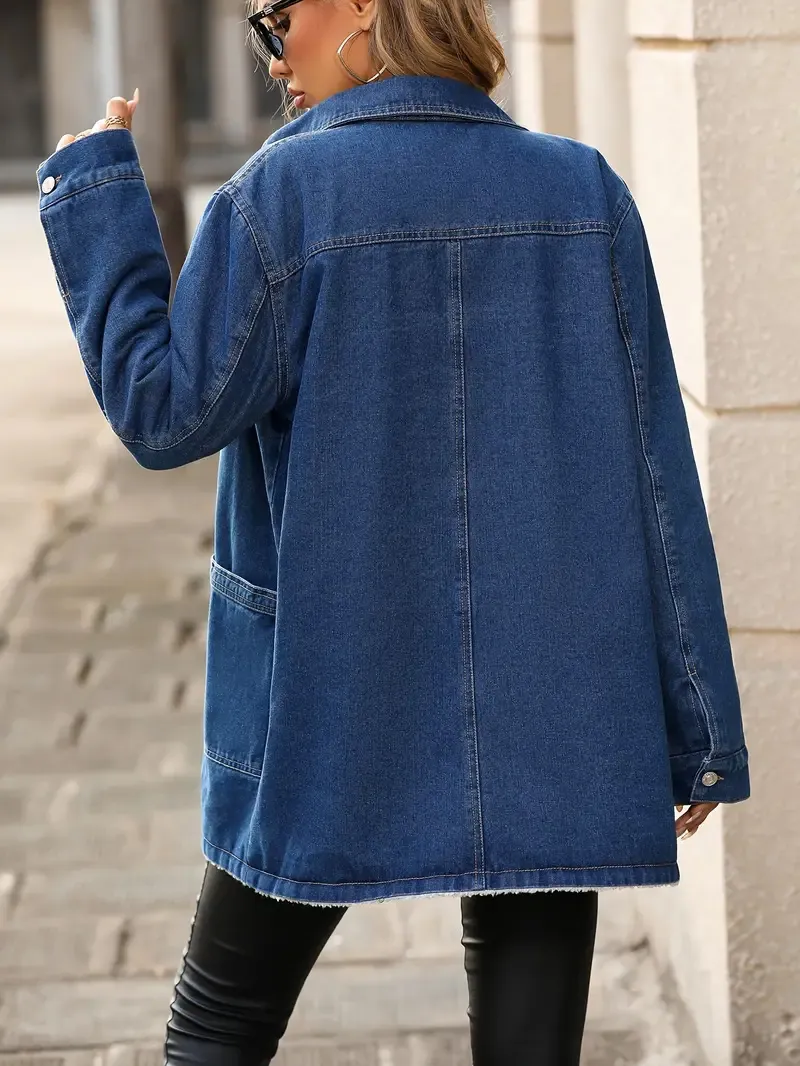 Long Sleeve Solid Color Elegant Denim Bomber Jacket with Fleece Lined Lapel, Button Closure, and Flap Pockets for Warmth