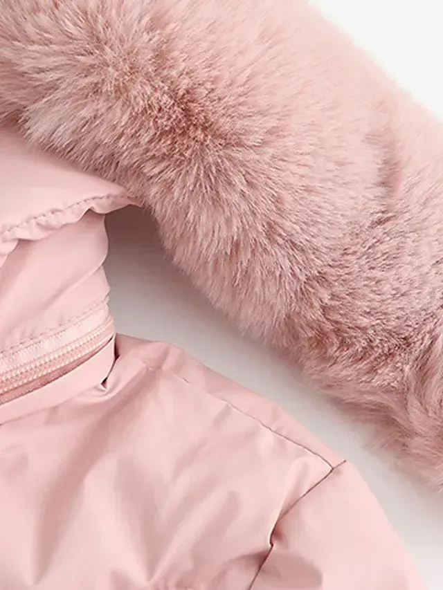 Women's Parka Puffer Jacket Winter Coat Thermal Warm Heated Coat with Removable Fur Collar Drawstring Zip up Hooded Coat Fall Outerwear with Pockets Classic Long Sleeve Light Blue Pink Black