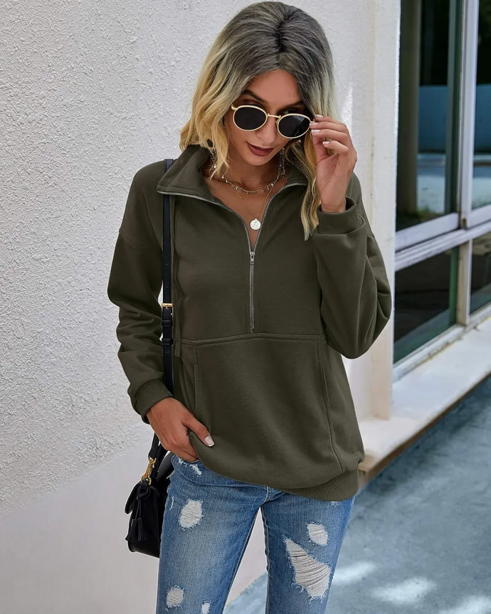 Women's Casual Long Sleeve Lapel Zipper Sweatshirt Drawstring Loose Pullover Tops