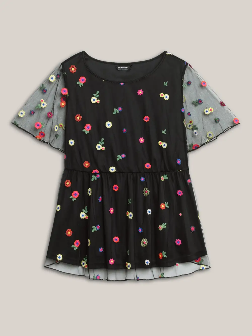 Floral Mesh Embroidery Babydoll Blouse