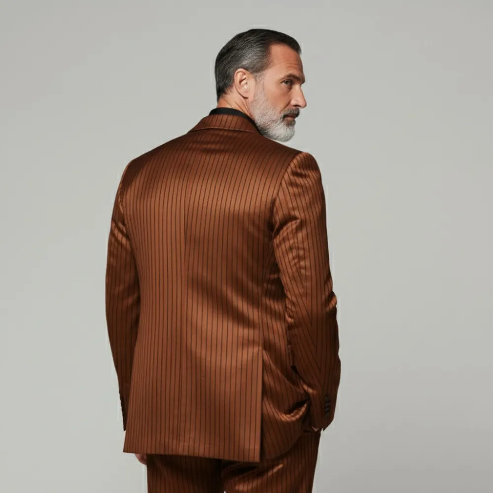 Men's Brown Pinstriped Peaked Lapel One Button Long Sleeve Satin Blazer