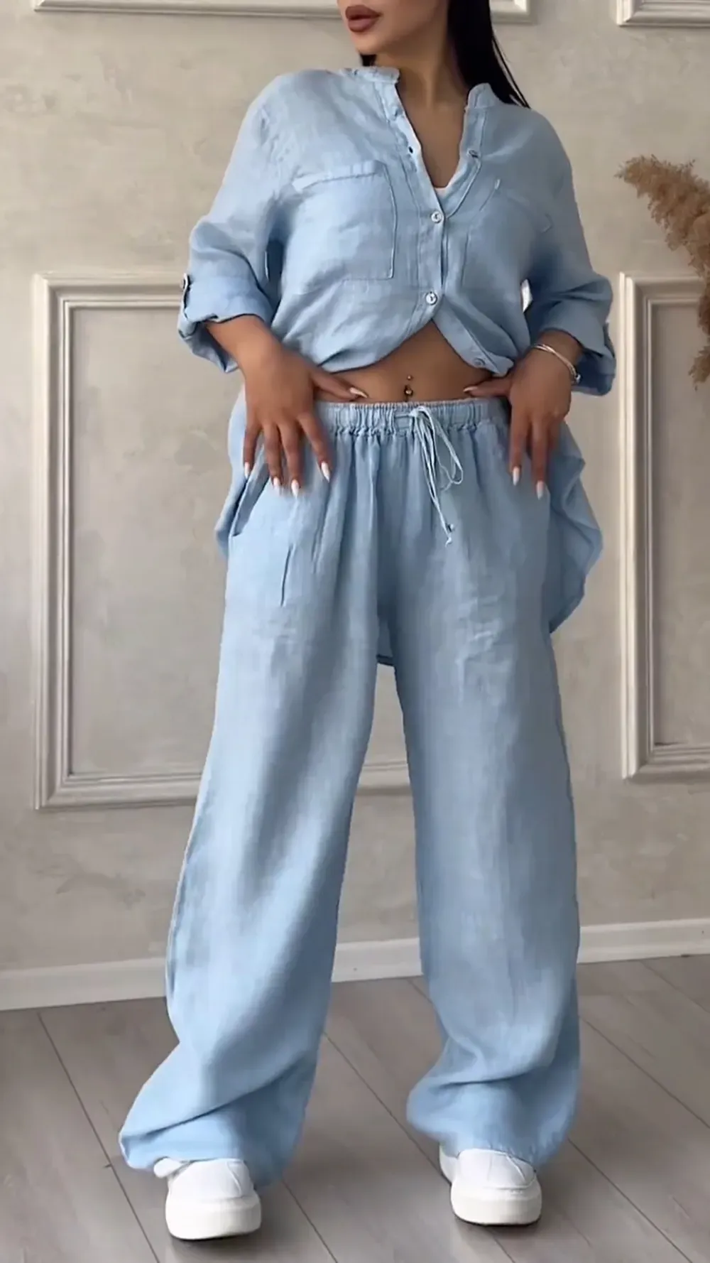 Women's V-neck Cotton and Linen Casual Suit