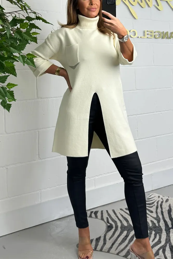 Soft Knit Roll Neck Front Split Silver Chain Pocket Jumper