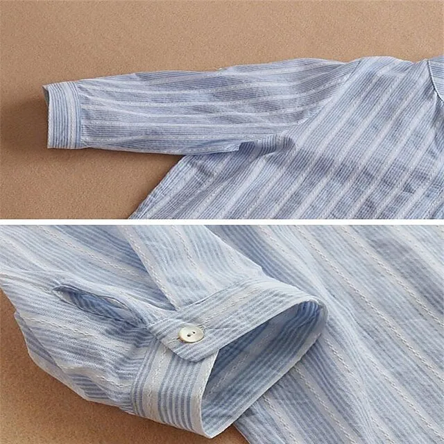 Blouse Women's Light Blue Black khaki Stripes Button Front Office S