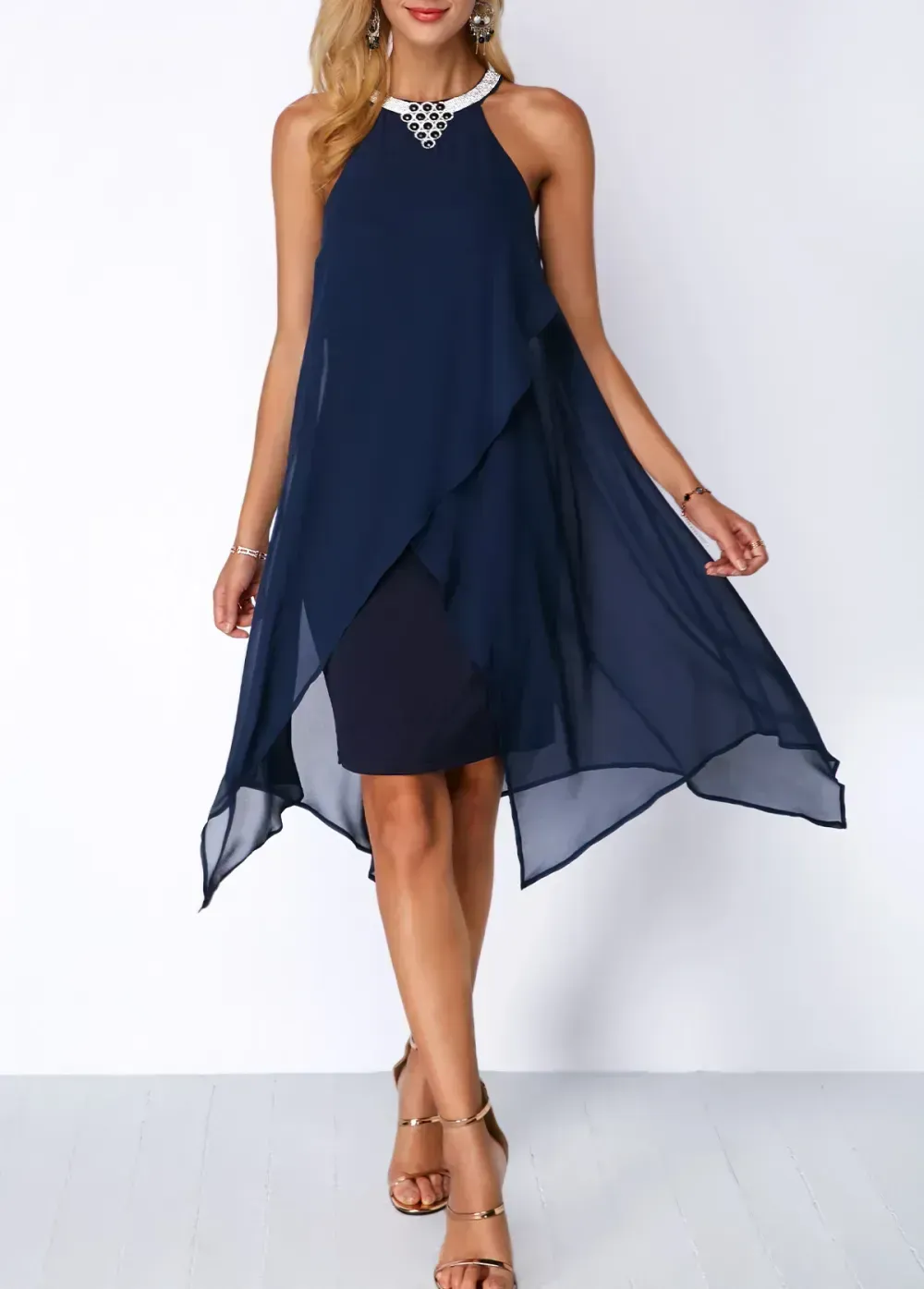 Embellished Neck Asymmetric Hem Chiffon Overlay Dress