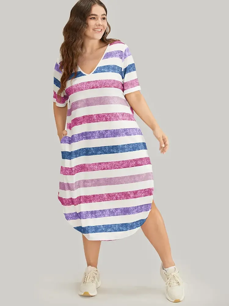 Striped Contrast Arc Hem V Neck Pocket Dress
