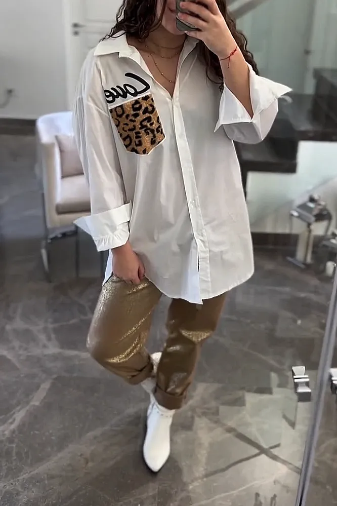Women's leopard pocket shirt and pants two-piece suit