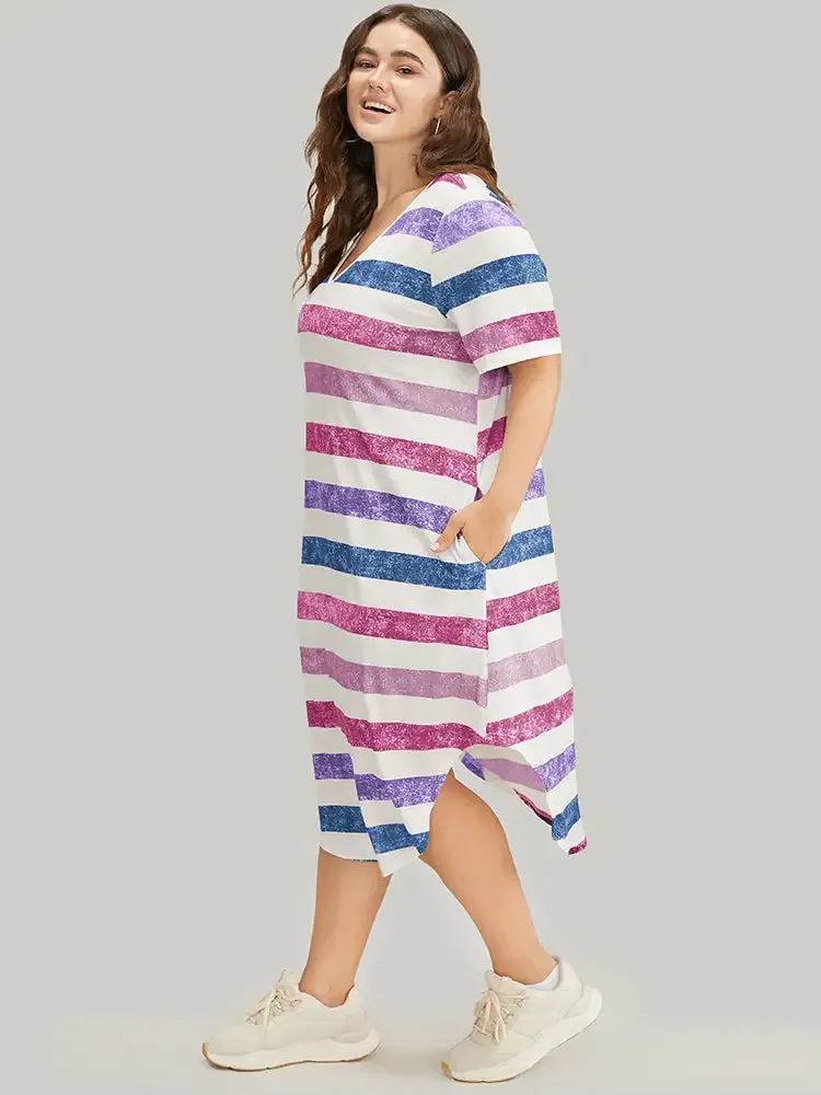 Striped Contrast Arc Hem V Neck Pocket Dress