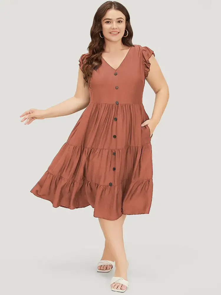 Plain Pocket Button Detail Ruffle Layered Hem Dress