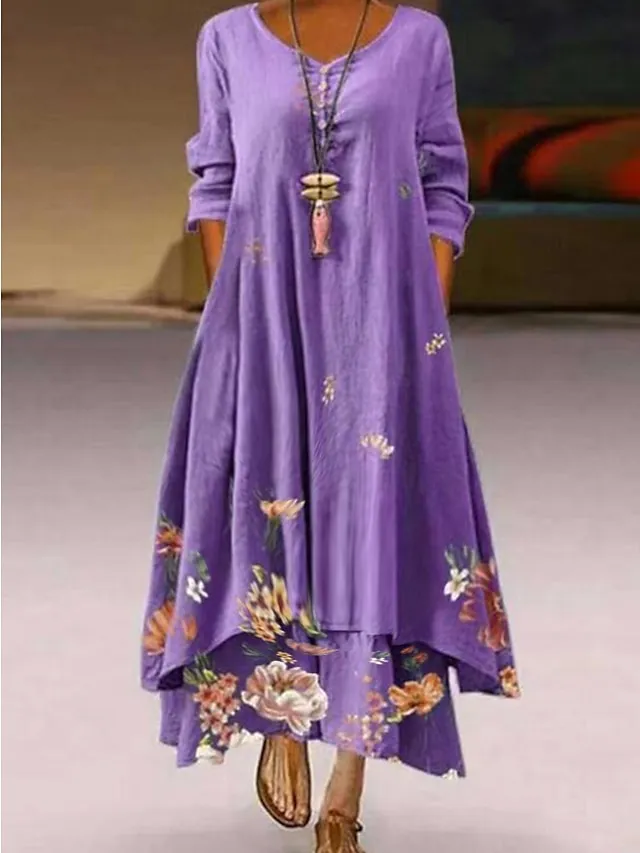 Women‘s Long Dress Maxi Dress White Yellow Pink Long Sleeve Floral Print Summer Spring Fall Crew Neck Summer Dress Regular Fit 2023 S M L XL XXL 3XL 4XL 5XL