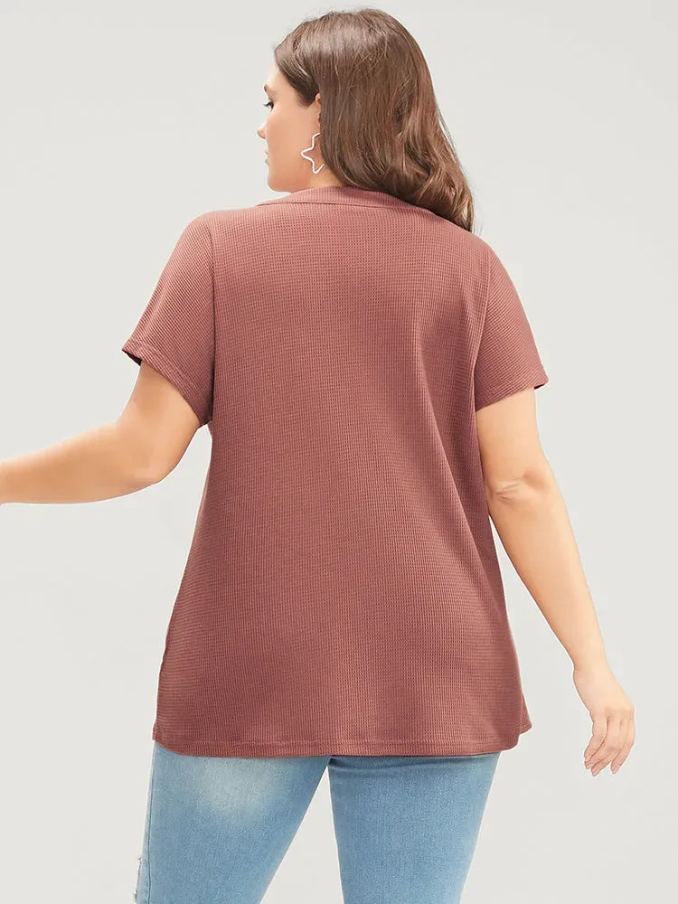 Solid Dolman Sleeve Button Detail Waffle Knit T-shirt