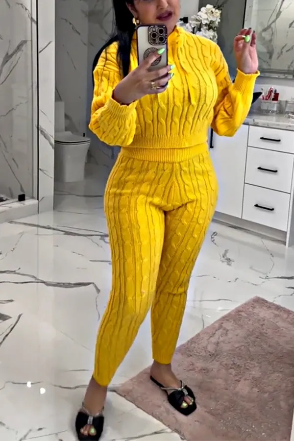 Women's Solid Knitted Texture Top and Pants Two Piece Set