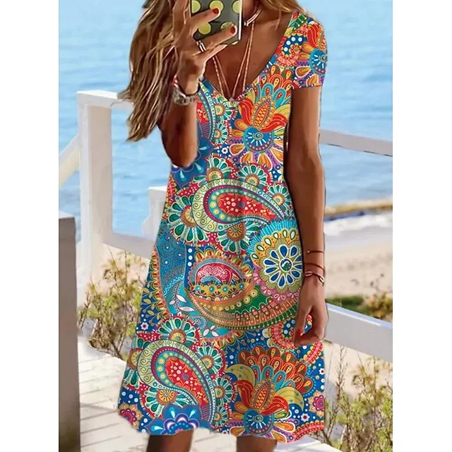 Women's Casual Dress Summer Dress Print Dress Floral Print V Neck Mini Dress Active Fashion Outdoor Daily Short Sleeve Regular Fit Black And White Olive Green Colourful Summer Spring S M L XL XXL