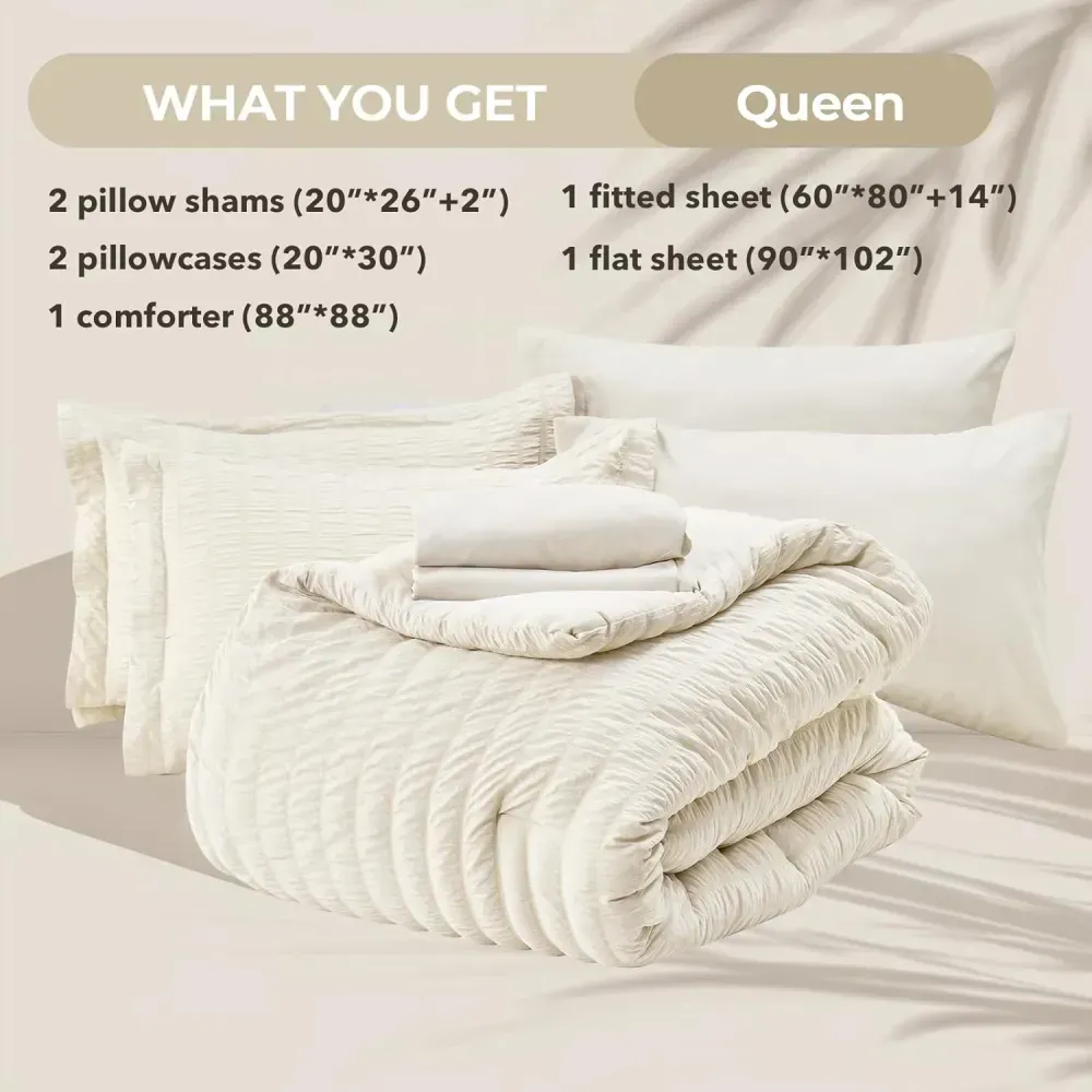Queen Comforter Set Seersucker 7 Pieces, All Season Luxury Bed in a Bag for Bedroom, Bedding Set with Comforters, Sheets, Pillowcases & Shams, Dark Grey