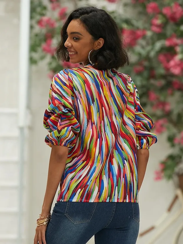 Women's Shirt Blouse Graphic Button Print Casual Basic Long Sleeve Standing Collar Blue Spring Fall
