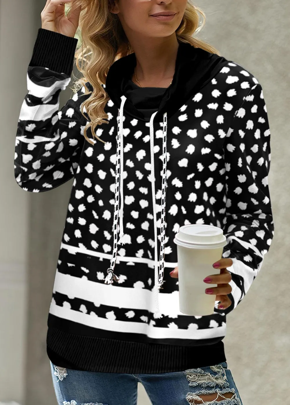 Black Drawstring Geometric Print Long Sleeve Cowl Neck Sweatshirt