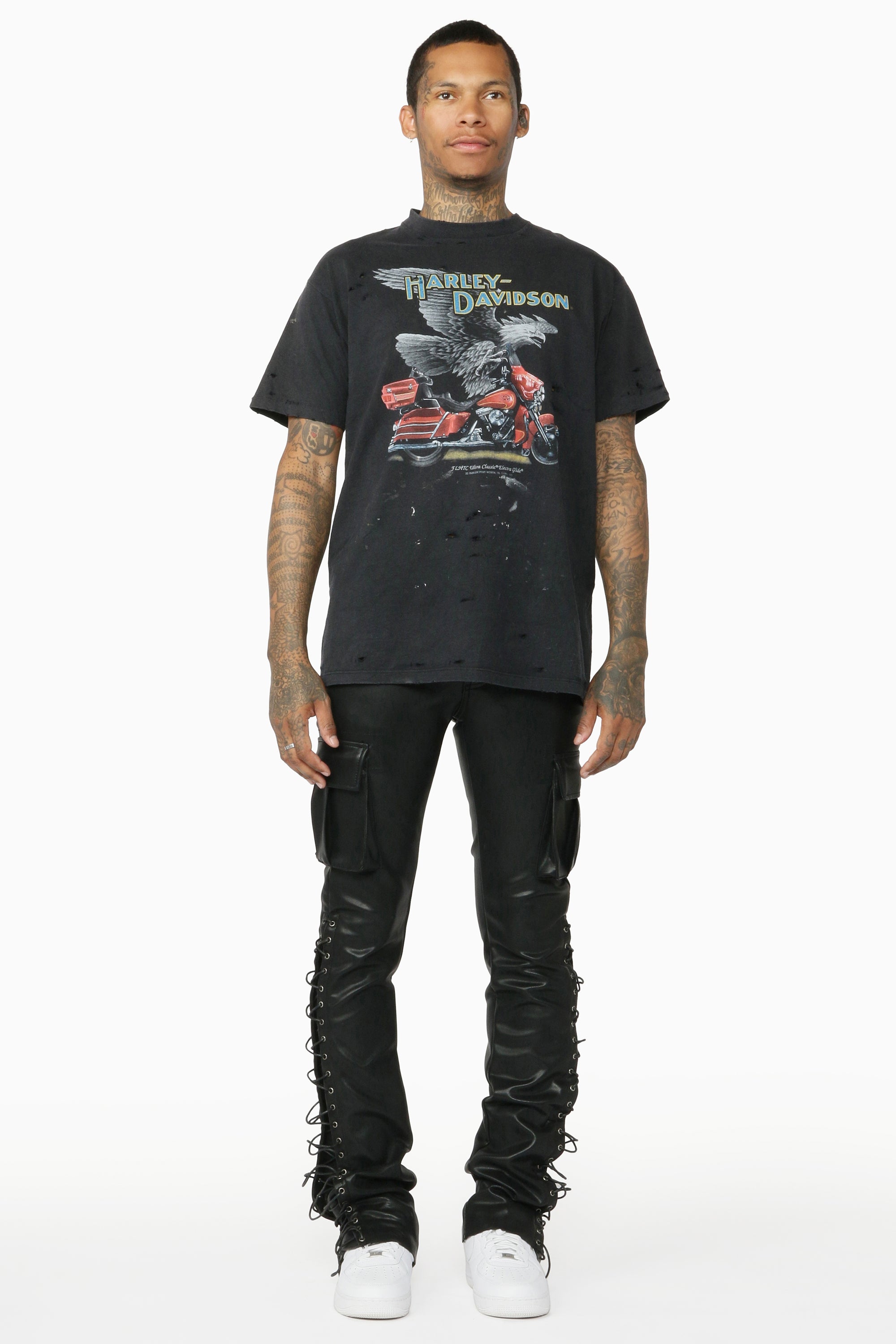 Honor Black Faux Leather Stacked Flare Jean