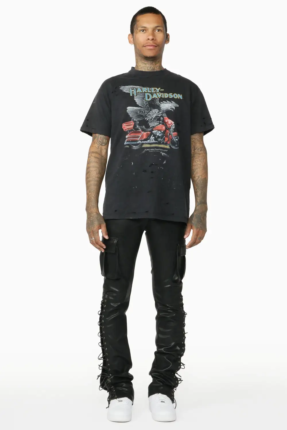 Honor Black Faux Leather Stacked Flare Jean