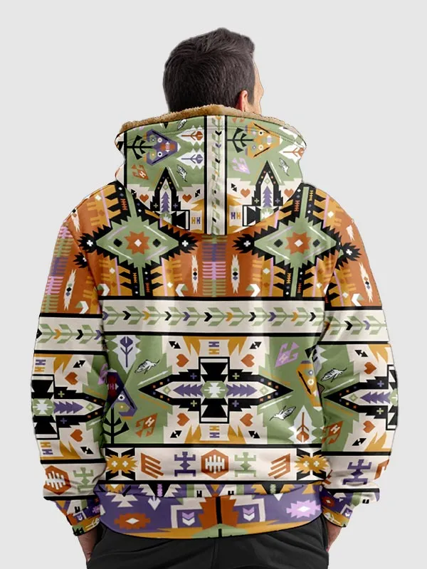 Men's Ethnic Fleece Zipper Retro Casual Printed Hoodie Jacket