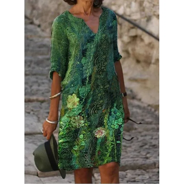 Women‘s Casual Dress Midi Dress Leopard Black White Half Sleeve Floral Print