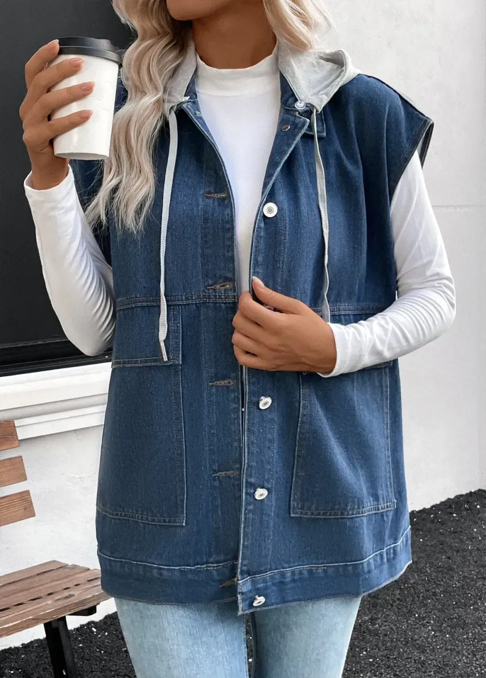 Denim Blue Patchwork Sleeveless Hooded Waistcoat