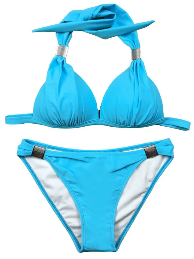 Women's Swimwear Bikini 2 Piece Normal Swimsuit Halter 2 Piece Open Back Sexy Pure Color Black Royal Blue Blue Sky Blue Halter V Wire Bathing Suits Sexy Vacation Fashion